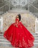 Off Shoulder Red Quinceanera Dress Sweetheart Neck Lace Appliques 15 Dresses With Bow