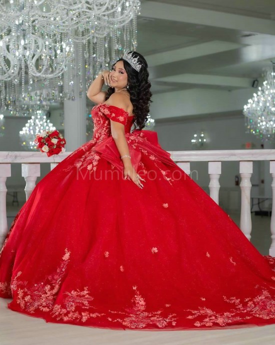 Off Shoulder Red Quinceanera Dress Sweetheart Neck Lace Appliques 15 Dresses With Bow