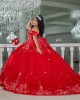 Off Shoulder Red Quinceanera Dress Sweetheart Neck Lace Appliques 15 Dresses With Bow