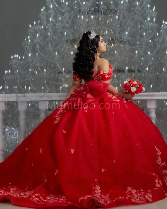 Off Shoulder Red Quinceanera Dress Sweetheart Neck Lace Appliques 15 Dresses With Bow