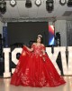 Off Shoulder Red Quinceanera Dress Sweetheart Neck Lace Appliques 15 Dresses With Bow