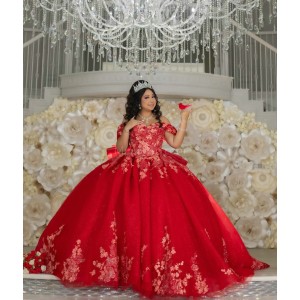 Off Shoulder Red Quinceanera Dress Sweetheart Neck Lace Appliques 15 Dresses With Bow