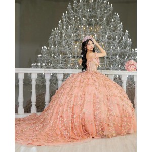 Off Shoulder Rose Gold Quinceanera Dress Sweetheart Neck 15 Dresses With 3D Flowers