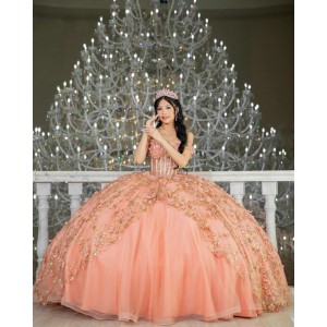 Off Shoulder Rose Gold Quinceanera Dress Sweetheart Neck 15 Dresses With 3D Flowers