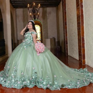 Off Shoulder Sage Green Quinceanera Dress Sweetheart Neck 3D Flowers 15 Dresses