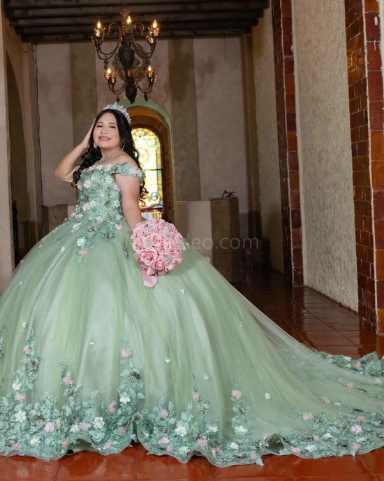 Off Shoulder Sage Green Quinceanera Dress Sweetheart Neck 3D Flowers 15 Dresses