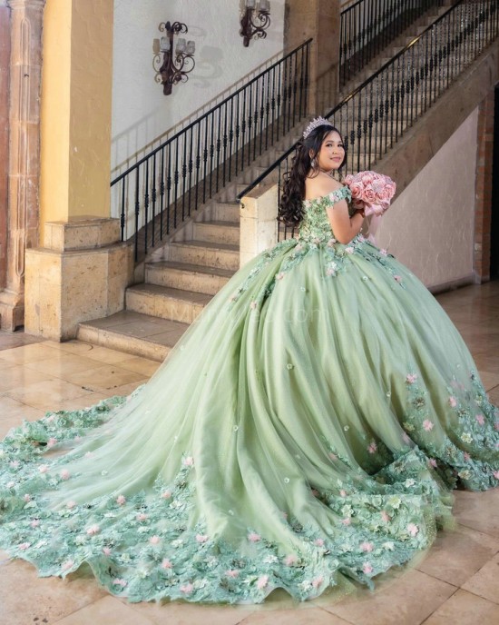 Off Shoulder Sage Green Quinceanera Dress Sweetheart Neck 3D Flowers 15 Dresses