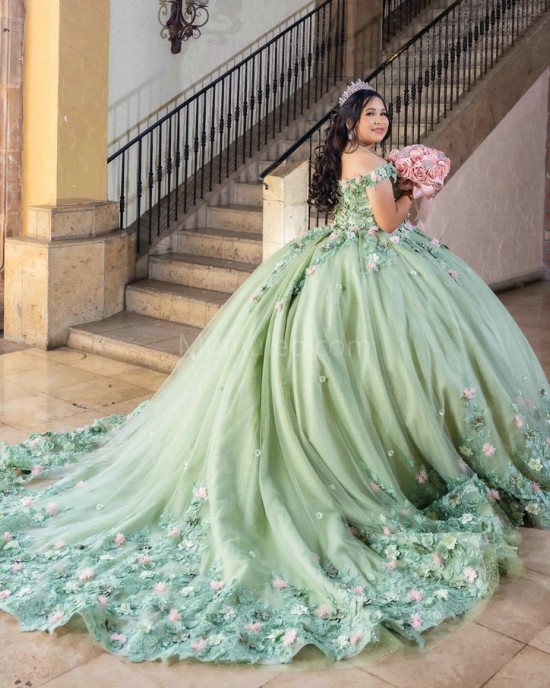 Off Shoulder Sage Green Quinceanera Dress Sweetheart Neck 3D Flowers 15 Dresses