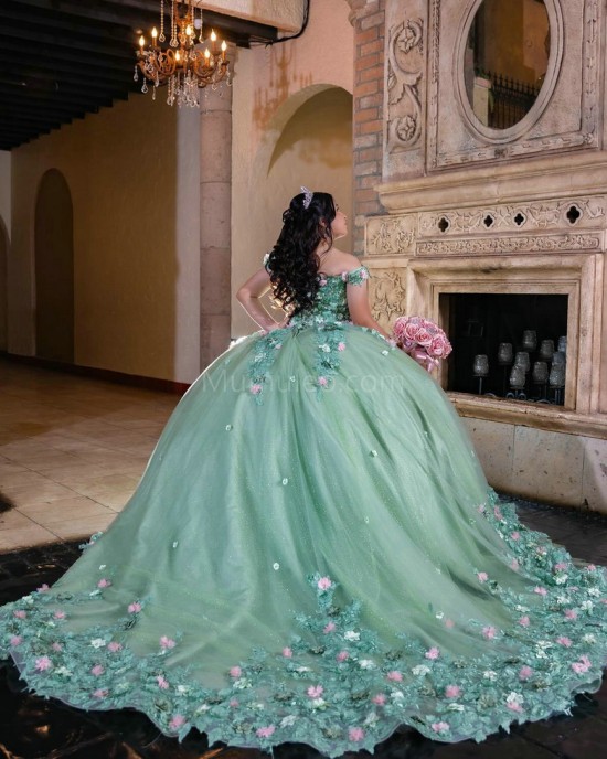 Off Shoulder Sage Green Quinceanera Dress Sweetheart Neck 3D Flowers 15 Dresses