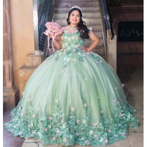 Off Shoulder Sage Green Quinceanera Dress Sweetheart Neck 3D Flowers 15 Dresses