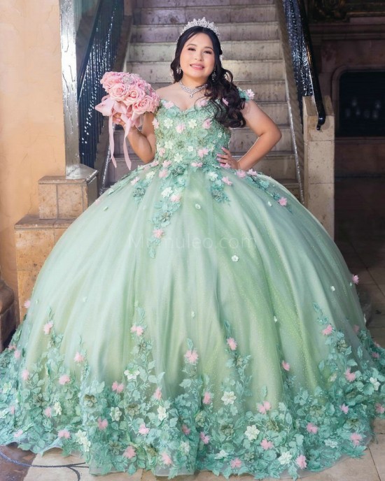 Off Shoulder Sage Green Quinceanera Dress Sweetheart Neck 3D Flowers 15 Dresses