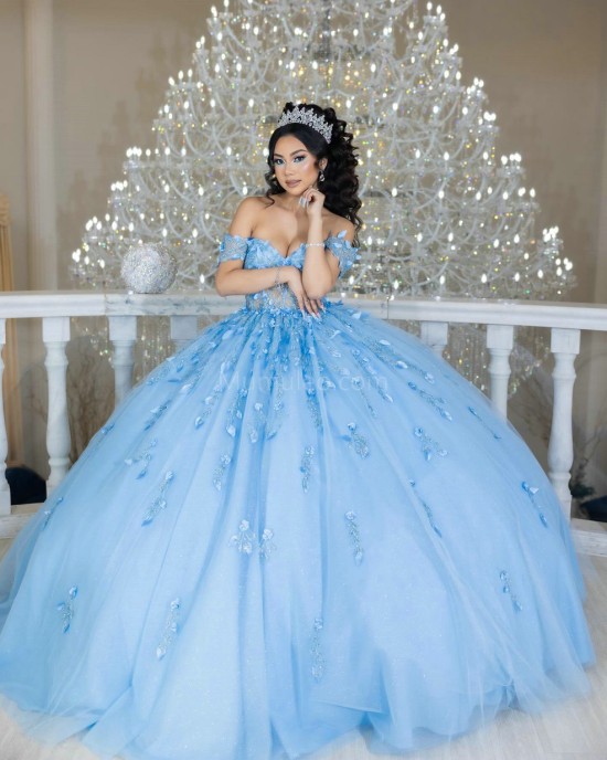 Off Shoulder Sky Blue Quinceanera Dress Sweetheart Neck Lace Appliques 15 Dresses