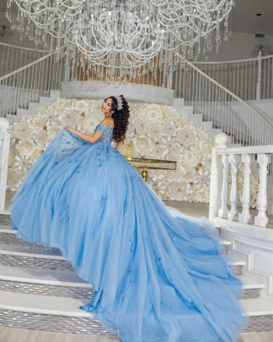 Off Shoulder Sky Blue Quinceanera Dress Sweetheart Neck Lace Appliques 15 Dresses