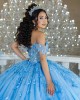 Off Shoulder Sky Blue Quinceanera Dress Sweetheart Neck Lace Appliques 15 Dresses