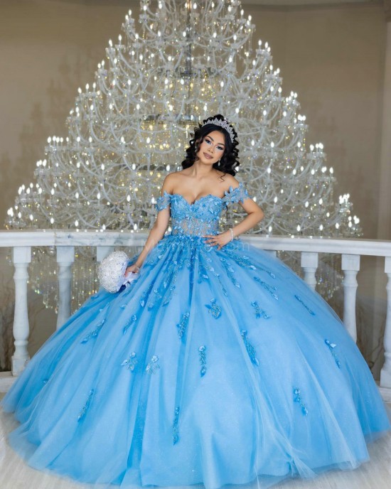 Off Shoulder Sky Blue Quinceanera Dress Sweetheart Neck Lace Appliques 15 Dresses