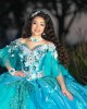 Off Shoulder Tiffany Blue Quinceanera Dress Sweetheart Neck 15 Dresses WIth 3D Flowers