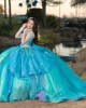 Off Shoulder Tiffany Blue Quinceanera Dress Sweetheart Neck 15 Dresses WIth 3D Flowers