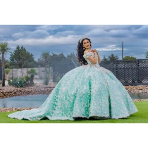 Off Shoulder White On Green Quinceanera Dress Lace Appliques Sweetheart Neck 15 Dresses