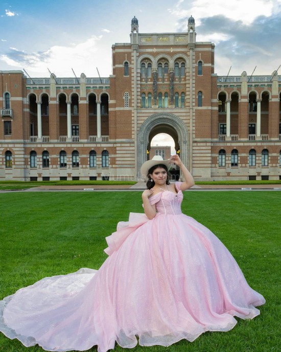 Pink Off Shoulder Quinceanera Dress Sweetheart Neck 15 Dresses With Bow