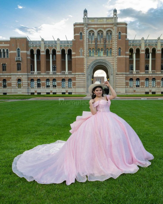 Pink Off Shoulder Quinceanera Dress Sweetheart Neck 15 Dresses With Bow