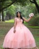 Pink Sleeveless Quinceanera Dress Lace Appliques V Neck 15 Dresses