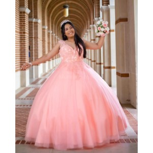 Pink Sleeveless Quinceanera Dress Lace Appliques V Neck 15 Dresses