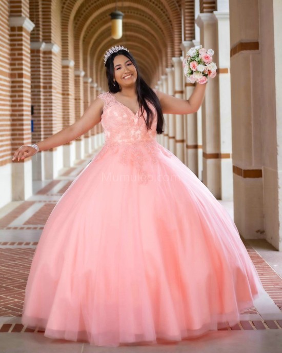 Pink Sleeveless Quinceanera Dress Lace Appliques V Neck 15 Dresses