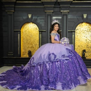 Purple Off Shoulder Quinceanera Dress Metallic Sequin Sweetheart Neck 15 Dresses