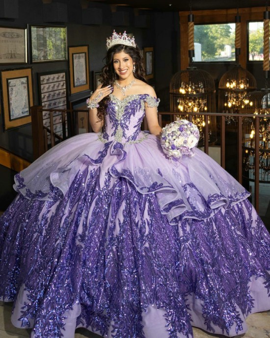 Purple Off Shoulder Quinceanera Dress Metallic Sequin Sweetheart Neck 15 Dresses