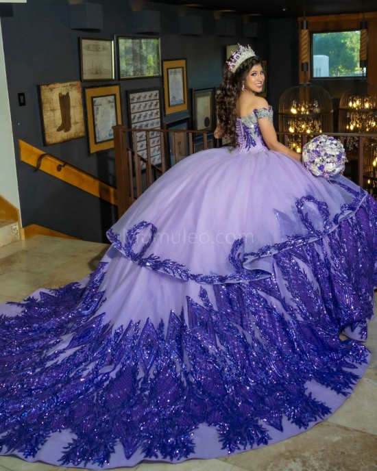 Purple Off Shoulder Quinceanera Dress Metallic Sequin Sweetheart Neck 15 Dresses