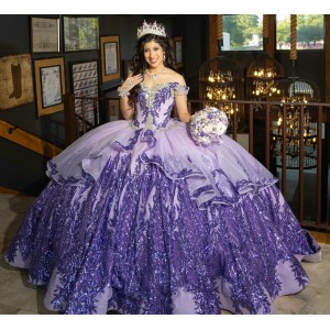 Purple Off Shoulder Quinceanera Dress Metallic Sequin Sweetheart Neck 15 Dresses