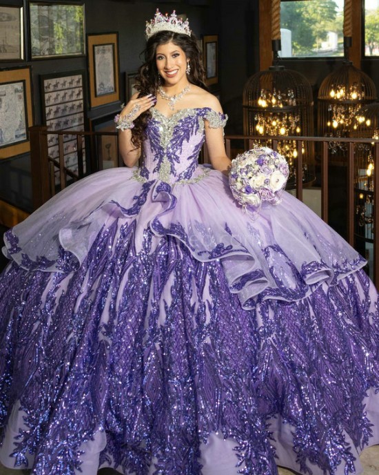 Purple Off Shoulder Quinceanera Dress Metallic Sequin Sweetheart Neck 15 Dresses