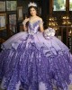 Purple Off Shoulder Quinceanera Dress Metallic Sequin Sweetheart Neck 15 Dresses