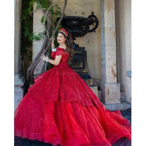 Red Off Shoulder Quinceanera Dress Metallic Sequin Sweetheart Neck 15 Dresses