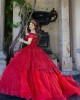 Red Off Shoulder Quinceanera Dress Metallic Sequin Sweetheart Neck 15 Dresses