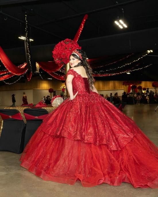 Red Off Shoulder Quinceanera Dress Metallic Sequin Sweetheart Neck 15 Dresses