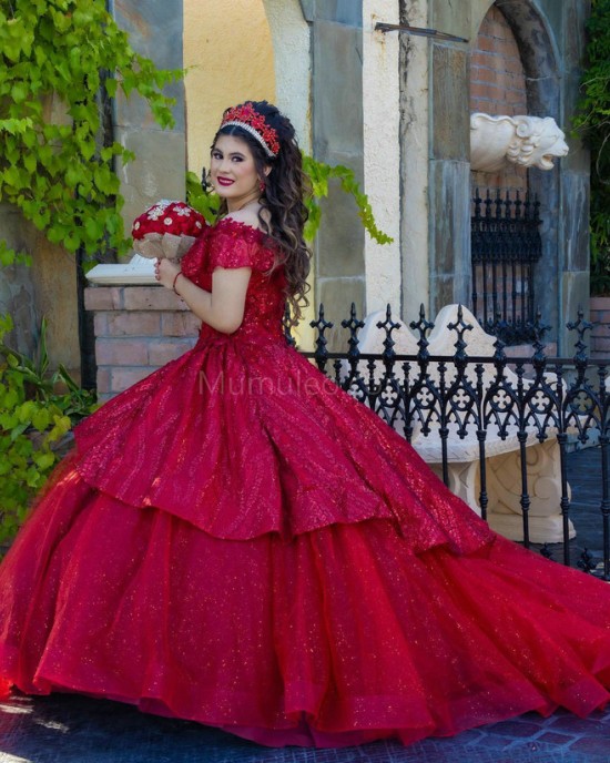 Red Off Shoulder Quinceanera Dress Metallic Sequin Sweetheart Neck 15 Dresses