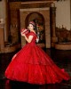 Red Off Shoulder Quinceanera Dress Metallic Sequin Sweetheart Neck 15 Dresses