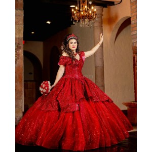 Red Off Shoulder Quinceanera Dress Metallic Sequin Sweetheart Neck 15 Dresses