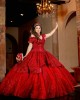 Red Off Shoulder Quinceanera Dress Metallic Sequin Sweetheart Neck 15 Dresses