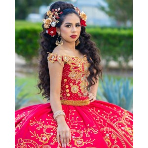 Red Off Shoulder Quinceanera Dress Pearl Sweetheart Neck 15 Dresses