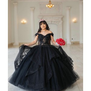 Ruffled Black Quinceanera Dress Sweetheart Neck Off Shoulder 15 Dresses