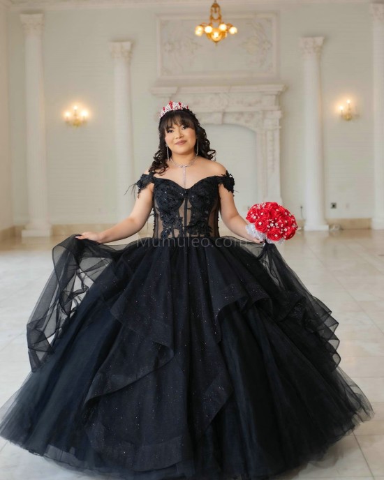 Ruffled Black Quinceanera Dress Sweetheart Neck Off Shoulder 15 Dresses