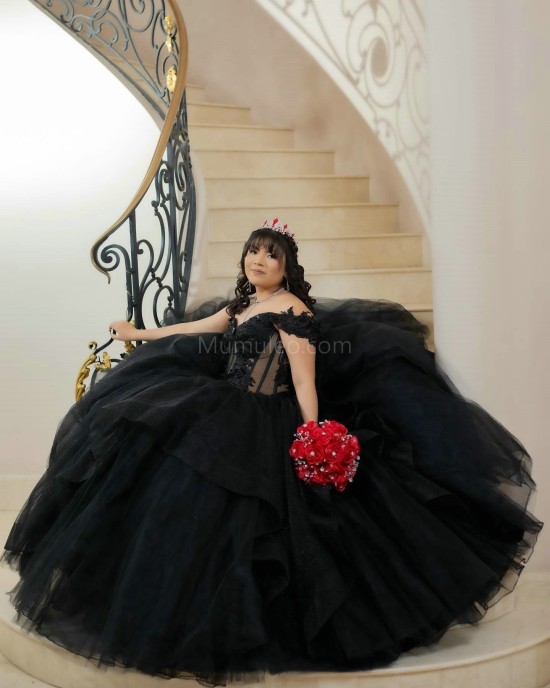 Ruffled Black Quinceanera Dress Sweetheart Neck Off Shoulder 15 Dresses