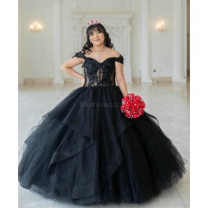 Ruffled Black Quinceanera Dress Sweetheart Neck Off Shoulder 15 Dresses