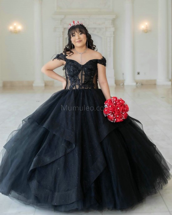 Ruffled Black Quinceanera Dress Sweetheart Neck Off Shoulder 15 Dresses