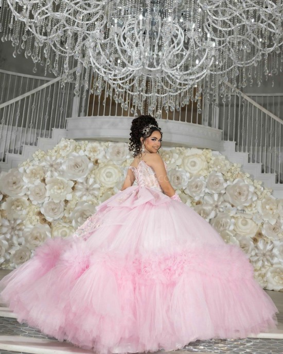 Ruffled Pink Quinceanera Dress Lace Appliques Sleeveless 15 Dresses