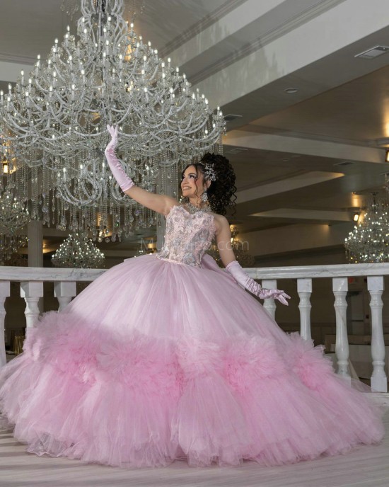 Ruffled Pink Quinceanera Dress Lace Appliques Sleeveless 15 Dresses