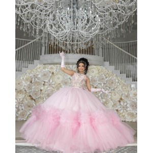 Ruffled Pink Quinceanera Dress Lace Appliques Sleeveless 15 Dresses