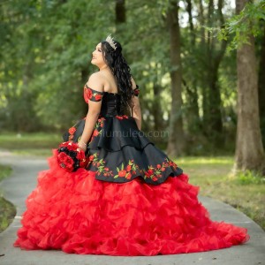 Ruffled Red Quinceanera Dress Lace Appliques Off Shoulder 15 Dresses